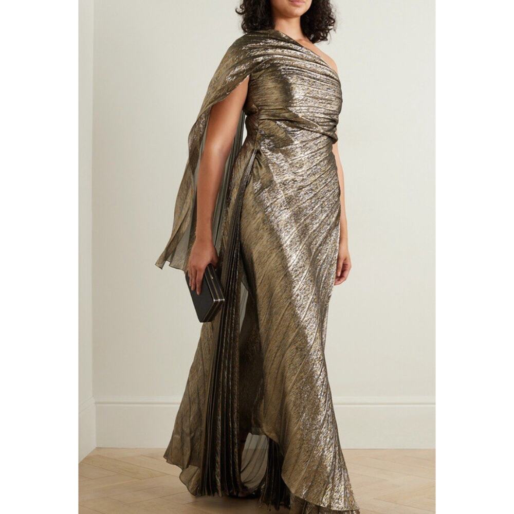 Oscar De La Renta One Shoulder Gown Draped Silk Lame Pleated Maxi Dress Formal - Picture 10 of 15